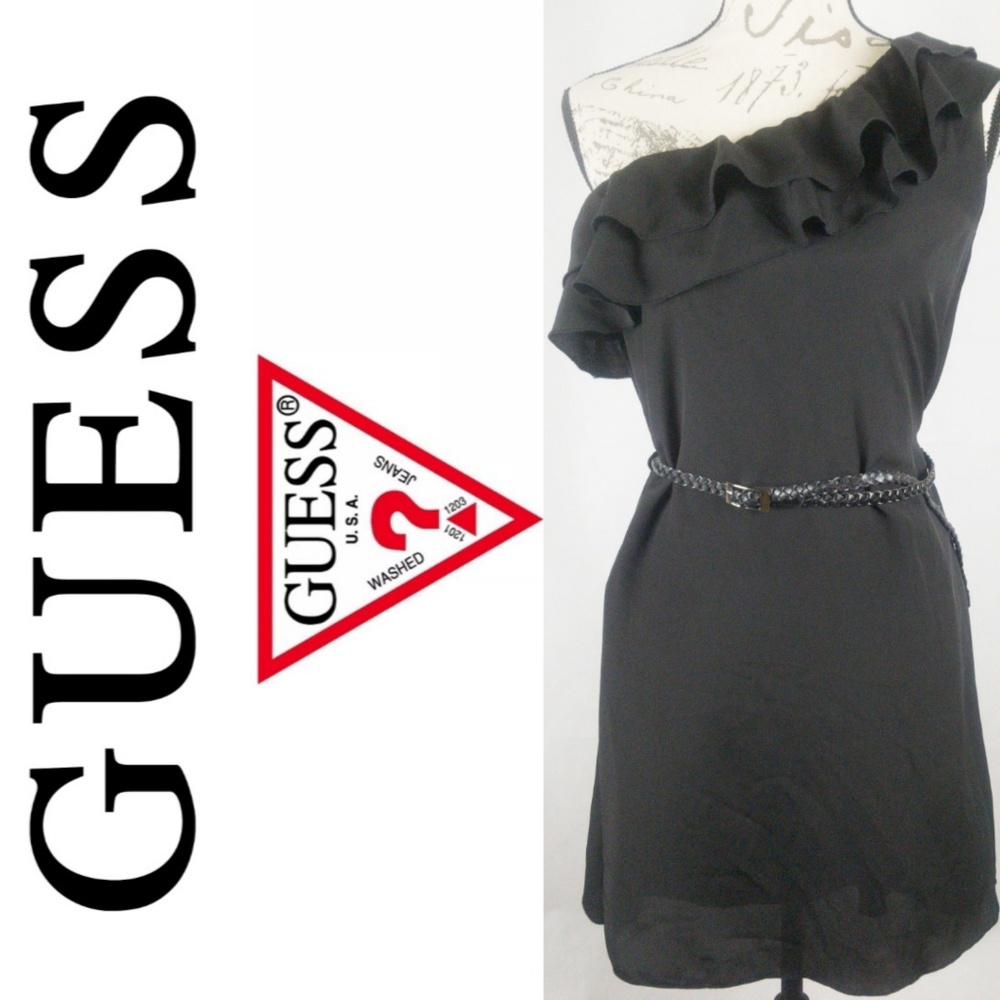 NWT Guess One Shoulder Dress Ruffle Black Large - Picture 1 of 4